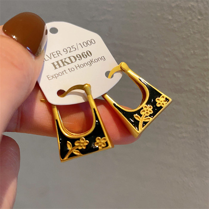 1 Pair Vintage Style Flower Enamel Copper Hoop Earrings