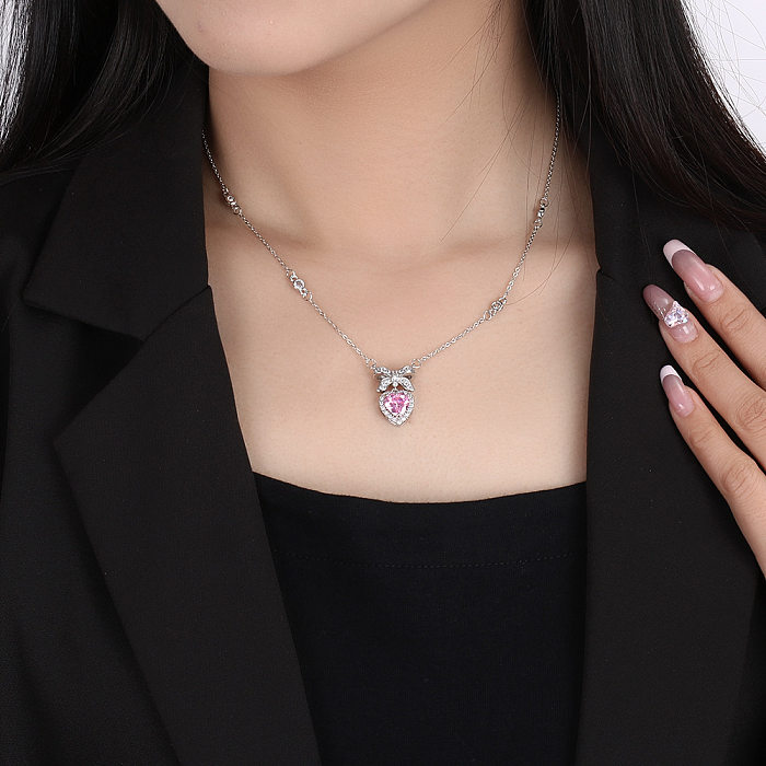Sweet Korean Style Heart Shape Bow Knot Copper Plating Inlay Zircon Pendant Necklace
