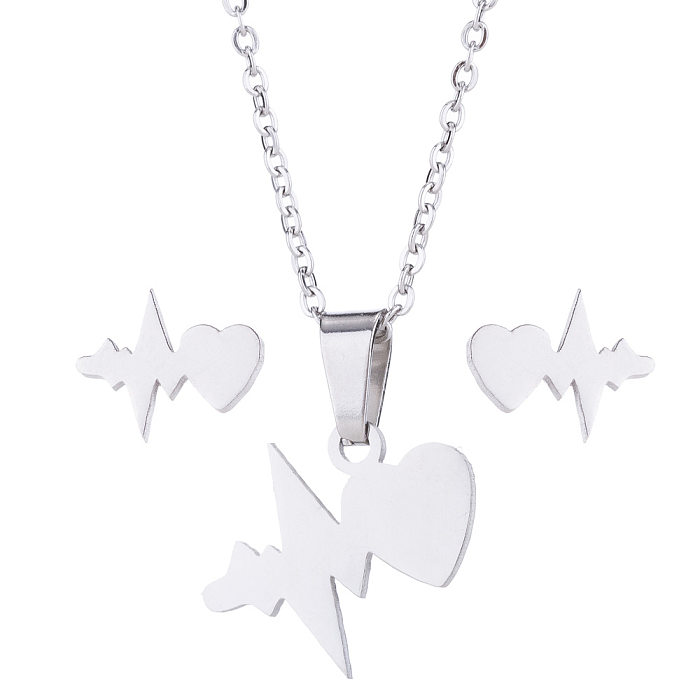 Conjunto de joias de aço inoxidável em formato de coração com eletrocardiograma da moda 1 conjunto