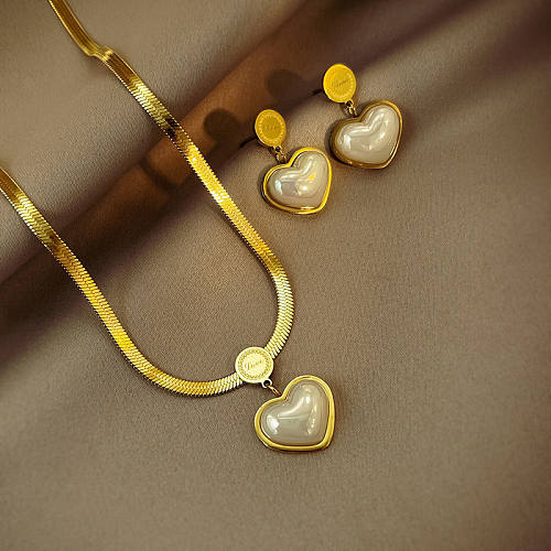 Fashion Heart Shape Titanium Steel Inlay Pearl Earrings Necklace