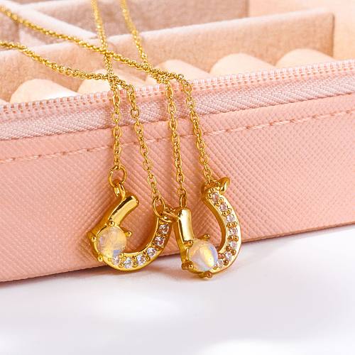 Retro U Shape Copper Plating Inlay Opal Zircon Gold Plated Pendant Necklace