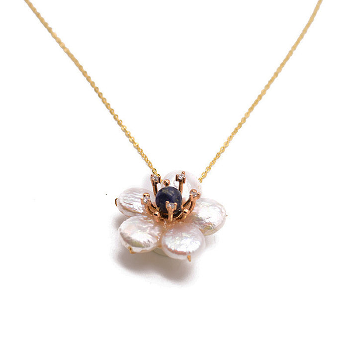 Retro Flower Freshwater Pearl Copper Plating Pendant Necklace