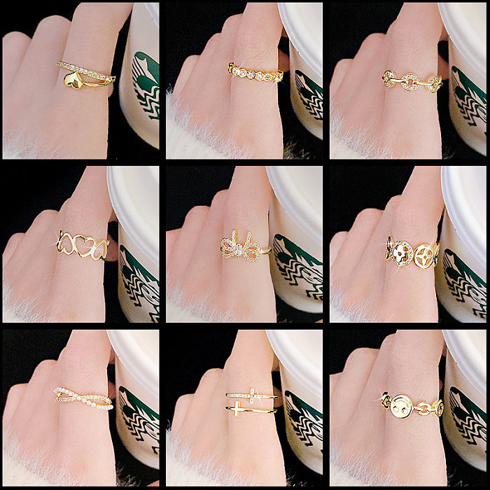 Fashion Heart Shape Flower Bow Knot Copper Inlay Artificial Pearls Zircon Open Ring 1 Piece