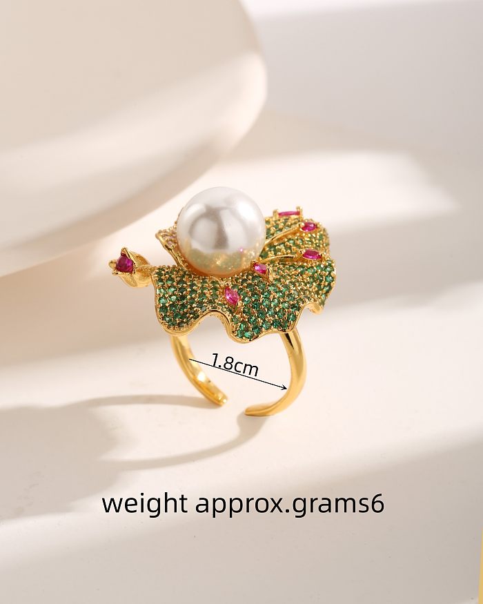Elegant Vintage Style Luxurious Flower Petal Copper Plating Inlay Artificial Pearls Zircon 18K Gold Plated Open Rings Rings