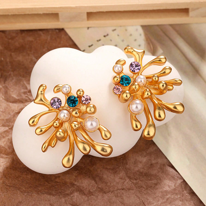 1 Pair Vacation Coral Inlay Copper Artificial Pearls Zircon Ear Studs