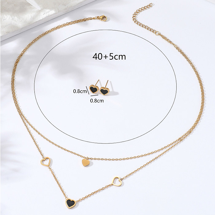 Conjunto de aretes de collar de doble capa en forma de corazón de oro de 18 quilates con galvanoplastia de acero inoxidable de moda