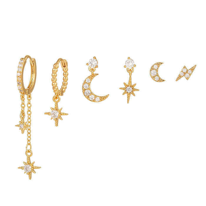 Fashion Star Moon Copper Inlay Artificial Diamond Drop Earrings 6 Pieces