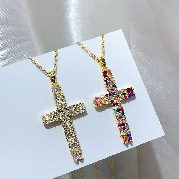 Colar de cobre com pingente de cruz religiosa de zircônia colorida da moda