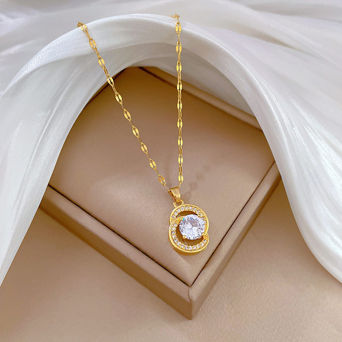 Casual Elegant Lady Geometric Titanium Steel Copper Inlay Artificial Gemstones Pendant Necklace