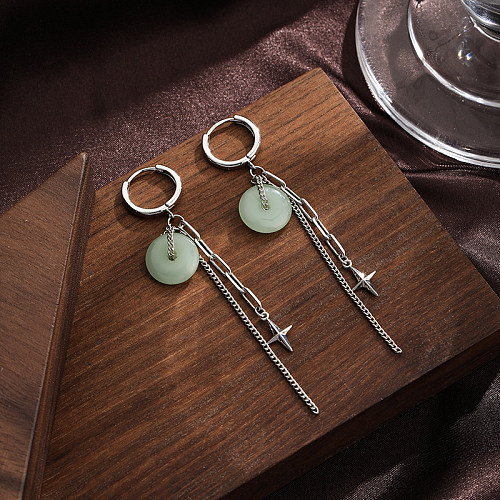1 paire de boucles d'oreilles pendantes, Style rétro Simple, étoile ronde, chaîne plaquée Jade, cuivre plaqué argent