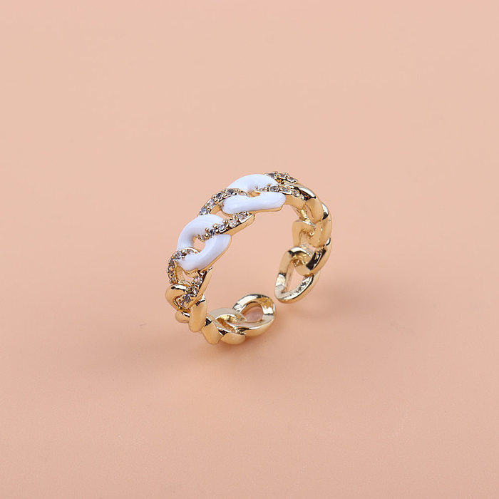Lässiger, schlichter Ketten-Kupfer-Emaille-Beschichtungs-Inlay-Zirkon-vergoldeter offener Ring