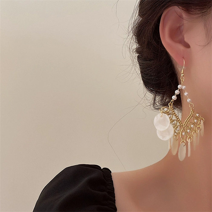 1 paire de boucles d'oreilles rondes de Style ethnique rétro, incrustation de perles en cuivre, perles artificielles