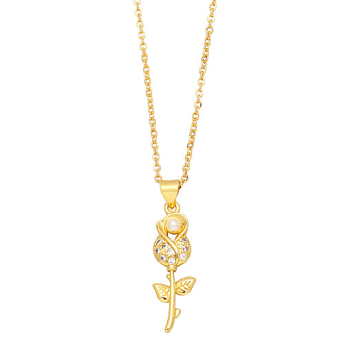 Elegant Flower Dragonfly Copper Gold Plated Artificial Pearls Zircon Pendant Necklace 1 Piece
