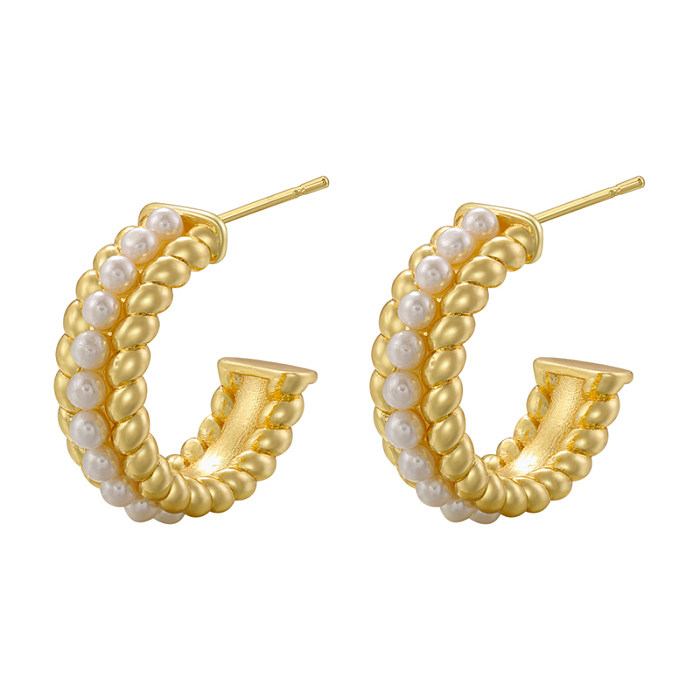 1 Paar lässige Vintage-Stil C-Form Kreis Inlay Kupfer künstliche Perlen Zirkon 18 Karat vergoldet Ohrringe Ohrstecker