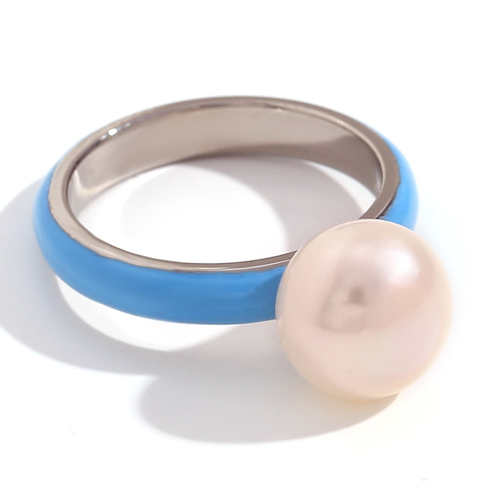 Simple Style Round Stainless Steel Inlay Pearl Rings
