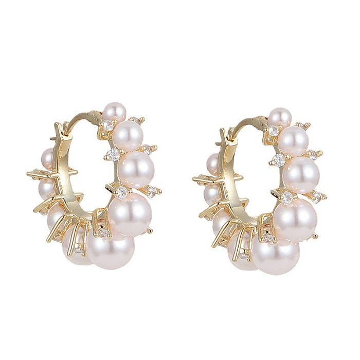 Fashion Round Copper Inlay Artificial Diamond Pearl Hoop Earrings 1 Pair