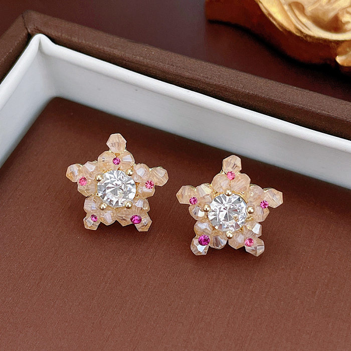 1 Pair Casual Sweet Heart Shape Flower Bow Knot Beaded Plating Inlay Copper Crystal Earrings
