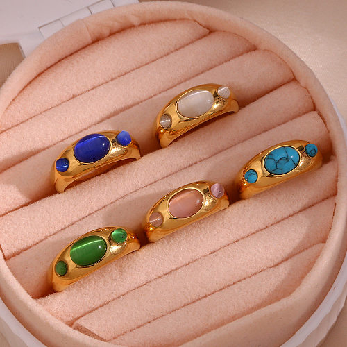 Anneaux ovales en acier inoxydable de style vintage incrustés d'anneaux en acier inoxydable opale