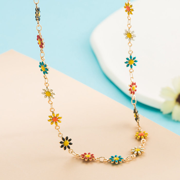 Bohemian Style Copper Gold-plated Micro-inlaid Zircon Small Daisy Oil Drop Necklace
