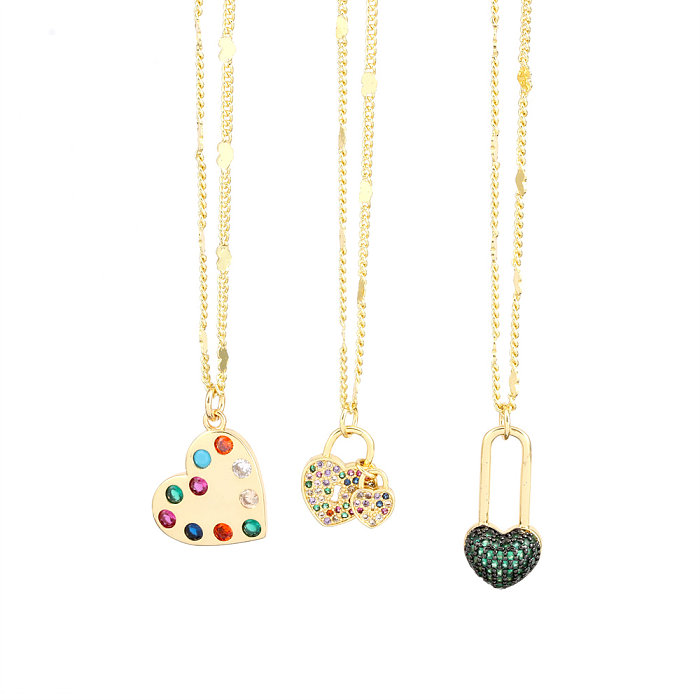Fashion Paper Clip Heart Shape Lock Copper Gold Plated Zircon Pendant Necklace 1 Piece