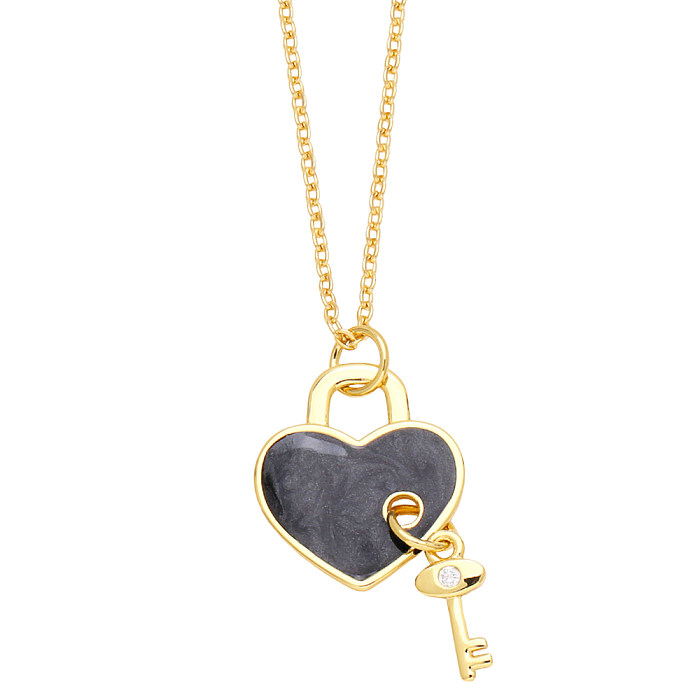 INS Style coeur forme serrure à clé cuivre émail placage incrustation Zircon plaqué or 18K pendentif collier
