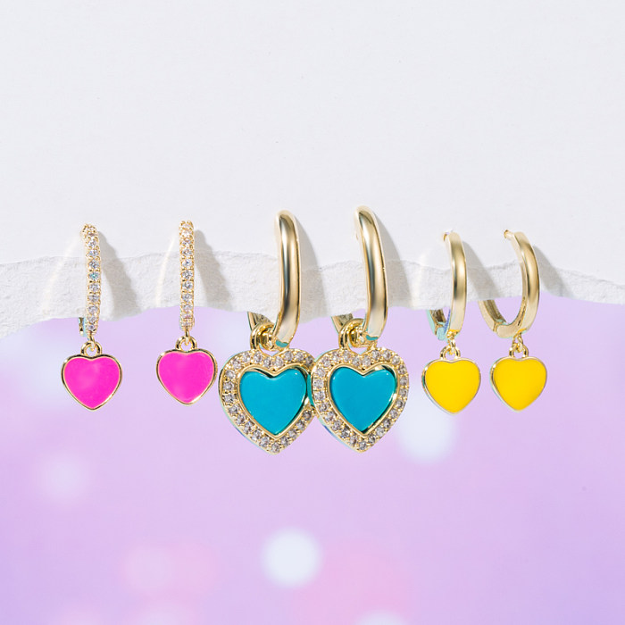 Yakemiyou Classic Style Heart Shape Flower Copper Enamel Zircon Dangling Earrings Drop Earrings 1 Set