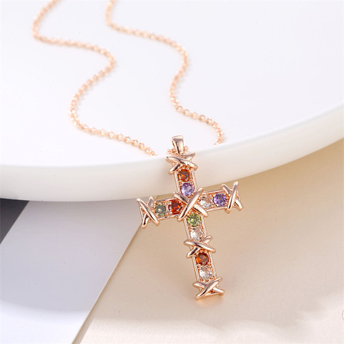 Glam Streetwear Cross Copper Zircon Pendant Necklace In Bulk