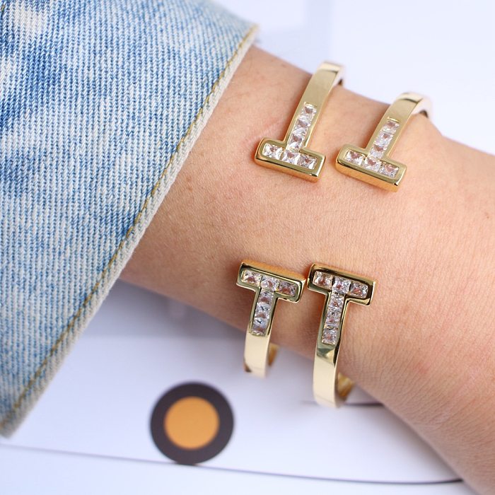 Modisches offenes Armband aus weißem Zirkonium-Kupfer mit Intarsien für Damen