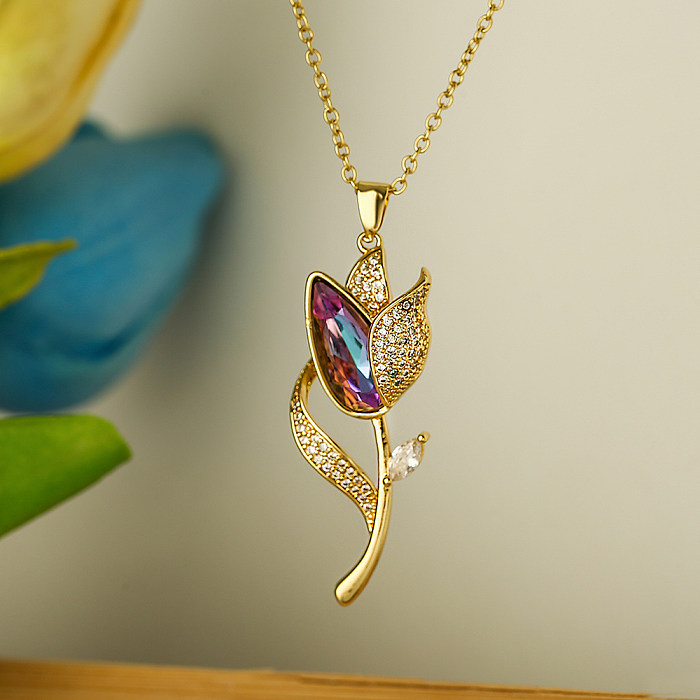 Elegant Flower Stainless Steel Copper Plating Inlay Zircon 18K Gold Plated Pendant Necklace