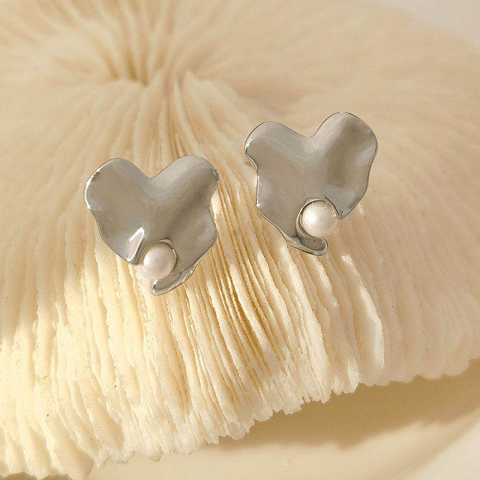 1 paire de clous d'oreilles en perles artificielles, Design Original en forme de cœur, incrustation de cuivre