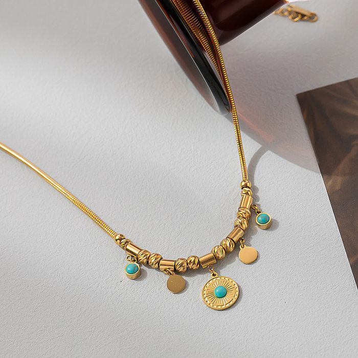 Runde Halskette im Retro-Ethno-Stil mit Titan-Stahlbeschichtung und Inlay, türkisfarbenen Armbändern