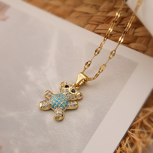 Cute Simple Style Little Bear Copper Plating Inlay Zircon 18K Gold Plated Pendant Necklace