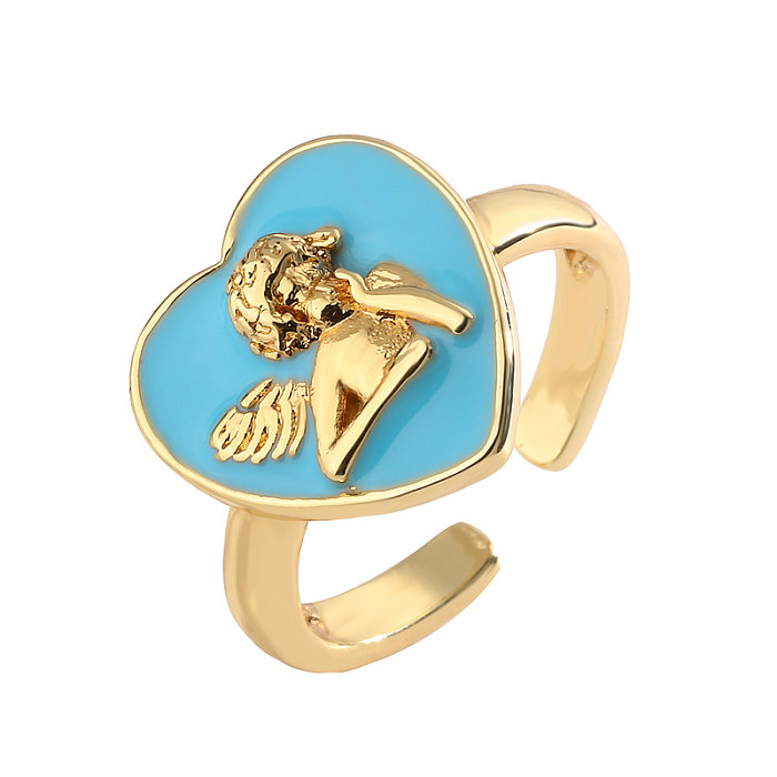 Retro Angel Heart Shape Copper Plating Inlay Zircon Gold Plated Open Rings