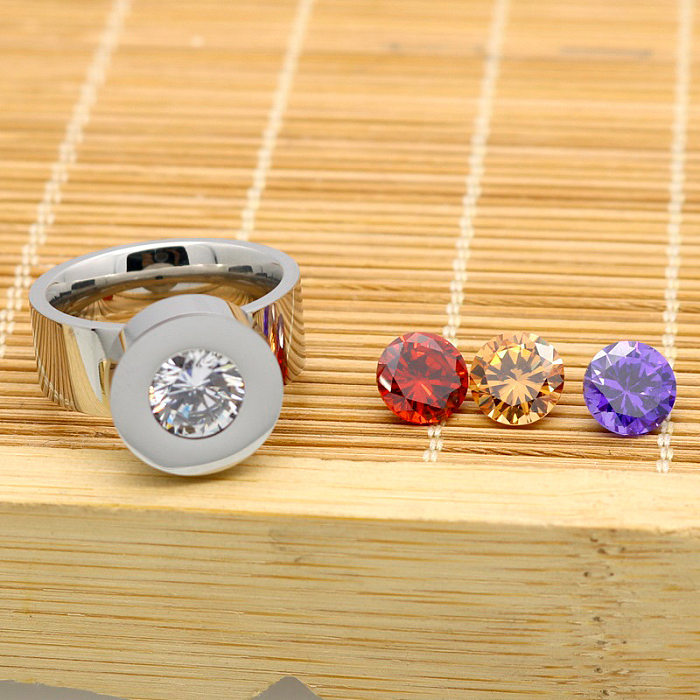 1 Piece Fashion Round Titanium Steel Plating Inlay Zircon Rings