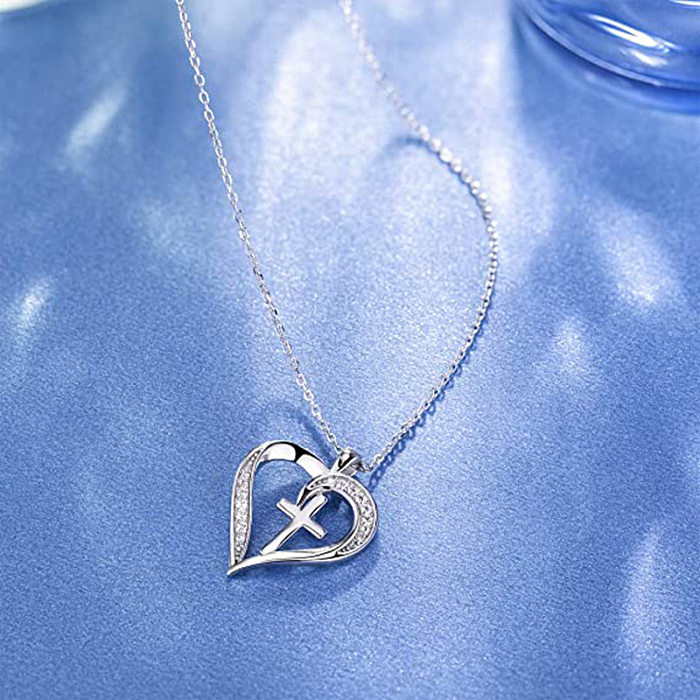 Simple Style Cross Heart Shape Copper Zircon Pendant Necklace In Bulk