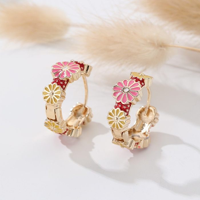 1 Pair Sweet Flower Enamel Copper Hoop Earrings