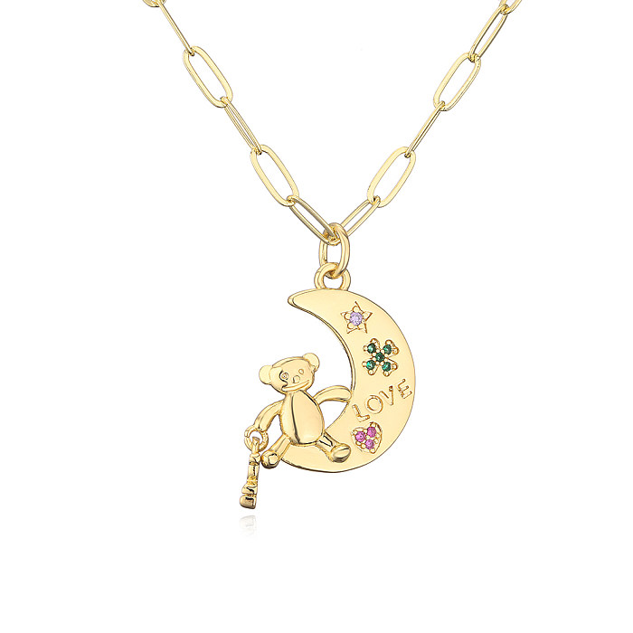Fashion Cute Bear Moon Pendant Plating 18K Gold Micro Inlaid Zircon Copper Necklace