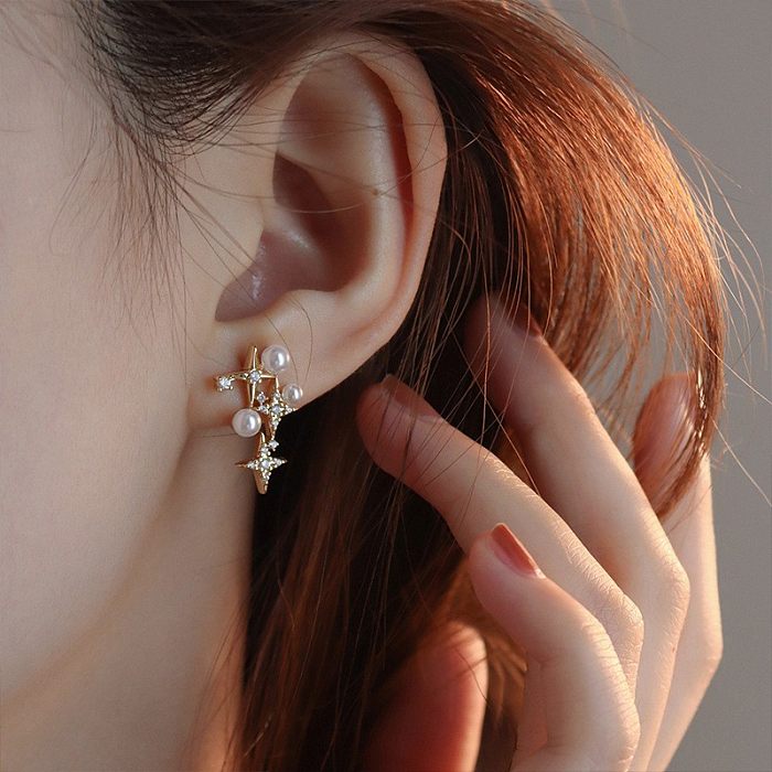 Fashion Round Copper Inlay Pearl Ear Studs 1 Pair