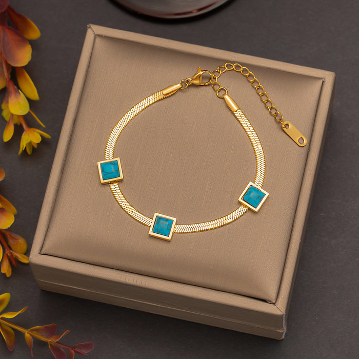 Simple Style Square Titanium Steel Inlay Turquoise Bracelets Necklace