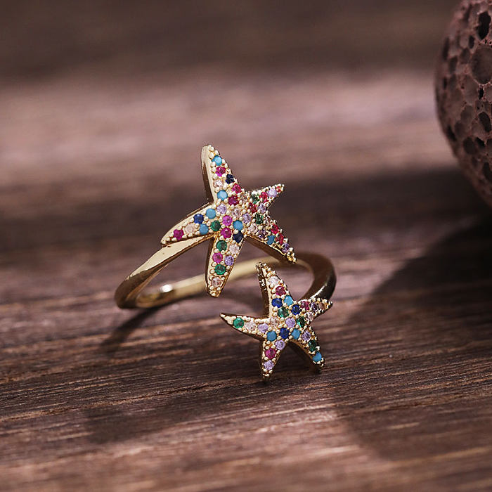 Elegantes anillos abiertos de circonita con incrustaciones de cobre y pentagrama de Streetwear