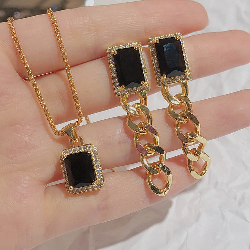European And American Special-Interest Design Chopin Necklace Cuban Link Chain Stud Earrings Women's Retro Simple Black Onyx Clavicle Chain Jewelry Set