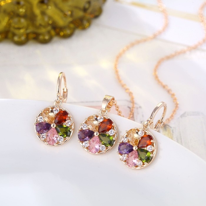 Simple Style Round Flower Copper Plating Inlay Zircon Earrings Necklace