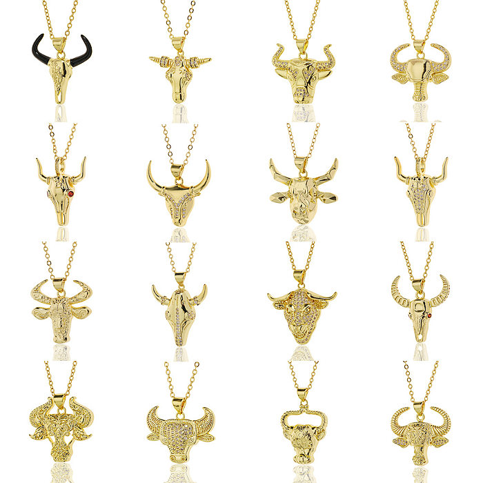 Hip-Hop Bull Head Copper Gold Plated Pendant Necklace