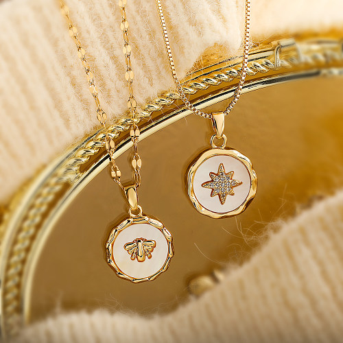 Collier pendentif plaqué or 18 carats avec incrustation de cuivre et de coquillage en forme d'abeille et d'étoile de trajet de style simple