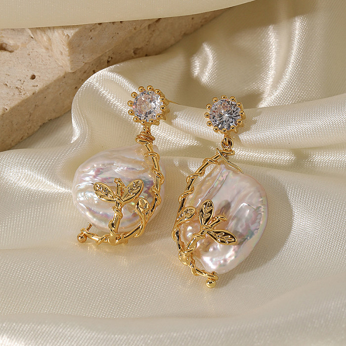 1 Pair Shiny Leaves Plating Inlay Copper Pearl 18K Gold Plated Drop Earrings