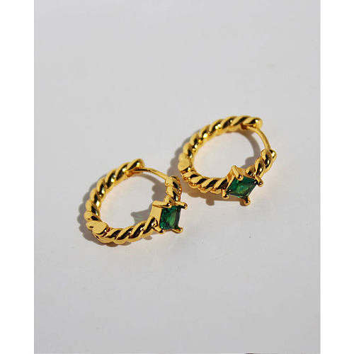 Vintage Emerald Green Zircon Hemp Pattern Black Zircon Copper Earrings