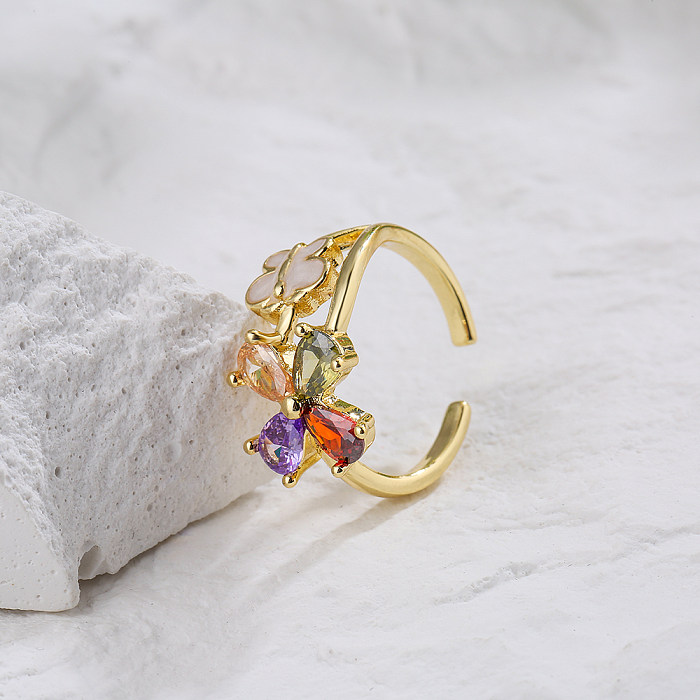 Moda fofa banhada a ouro 18K com zircônia em forma de flor incrustada em anel aberto feminino
