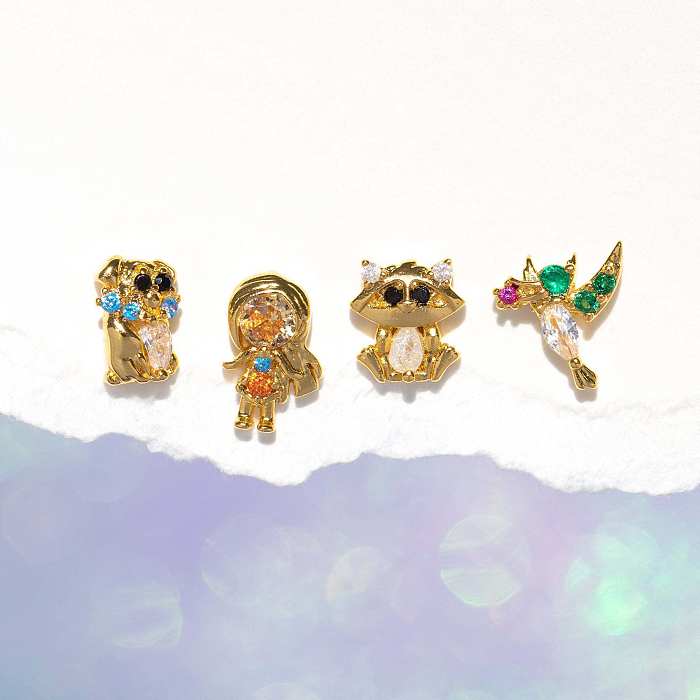 1 Set 1 Pair Simple Style Cartoon Character Inlay Brass Zircon Ear Studs