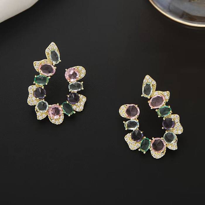 1 Pair Sweet U Shape Oval Inlay Copper Zircon Earrings