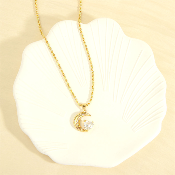 Collier luxueux avec pendentif en forme de cœur et de lune brillante, en cuivre plaqué or 18 carats, en Zircon, en vrac